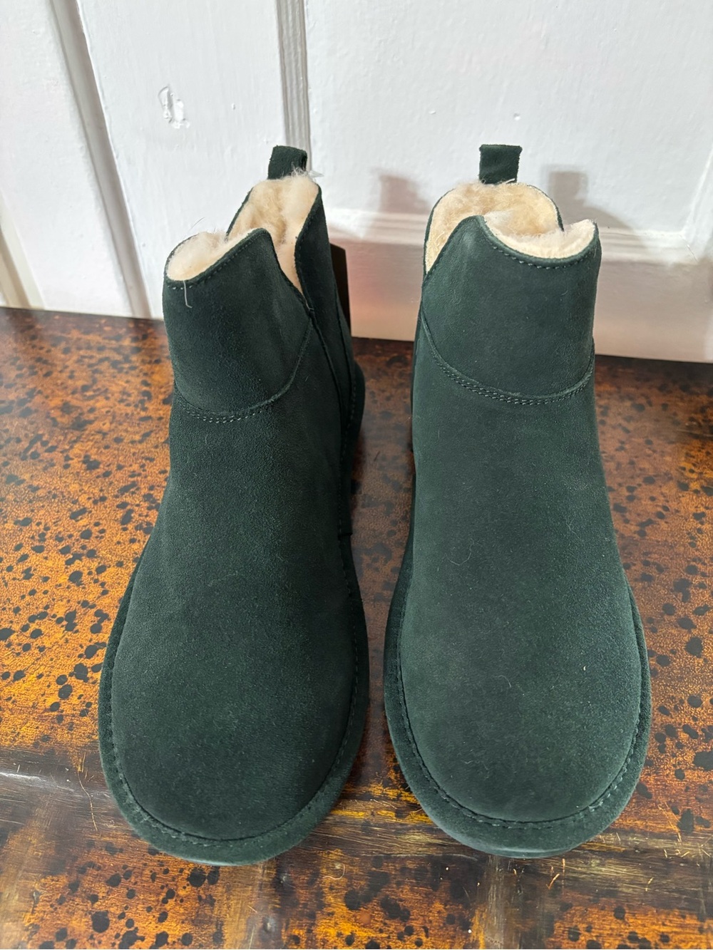 Suede Shearling-Lined Chelsea Booties in Dark Green